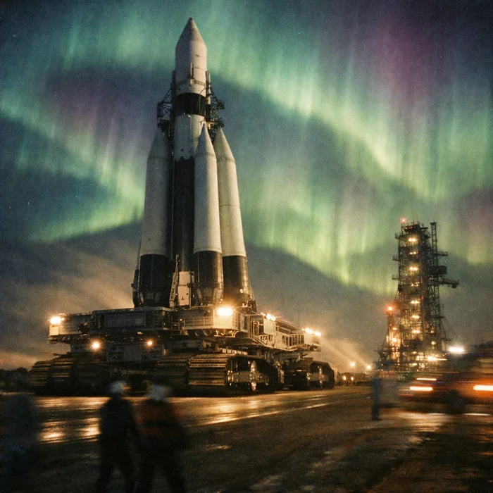 Ракета Artemis II выезжает на стартовую площадку под сполохами полярного сияния