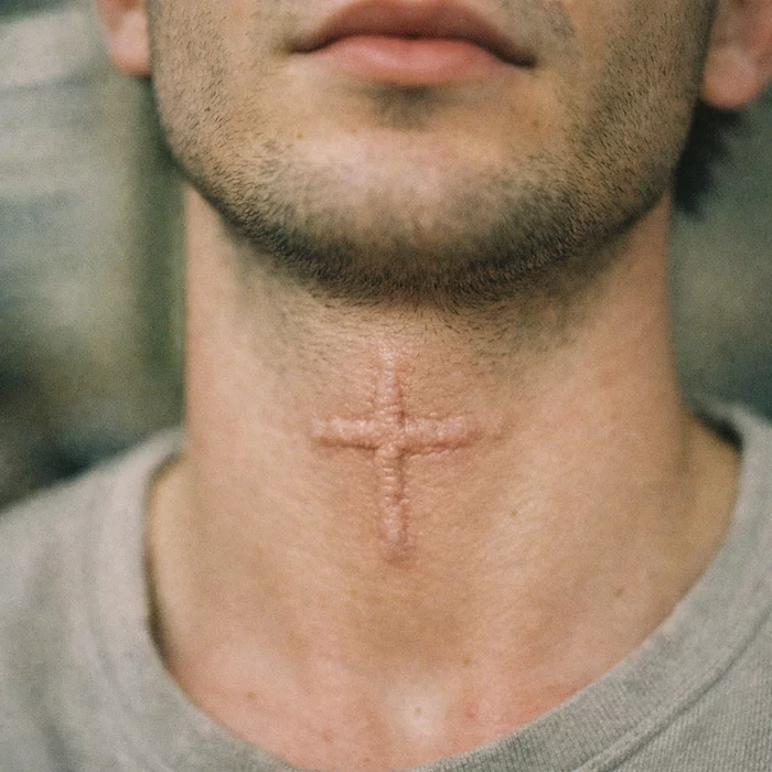 Татуировка-крест на шее исчезла, убив кожу под собой