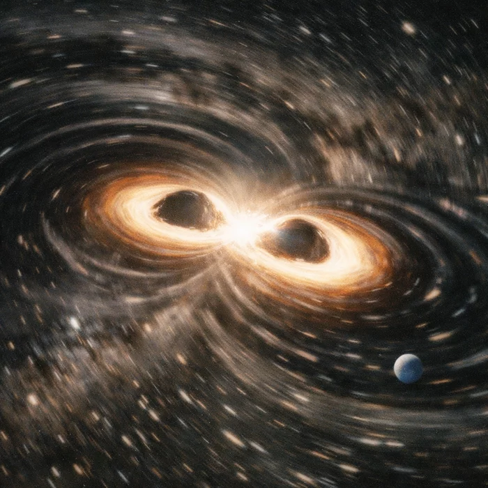 Столкновение двух сверхмассивных чёрных дыр: почувствует ли земля удар через 100 лет?